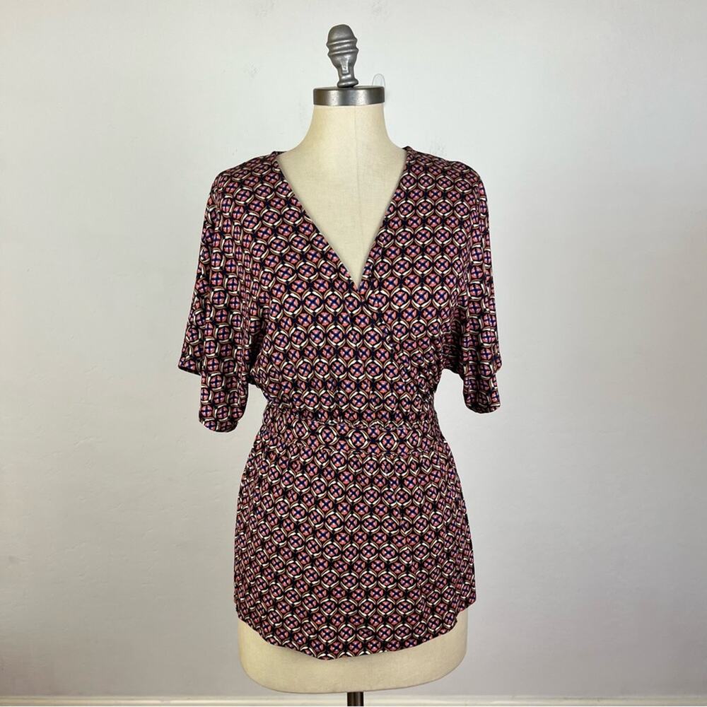 Anthropologie Geometric Short Sleeve Wrap Blouse - Picture 1 of 7